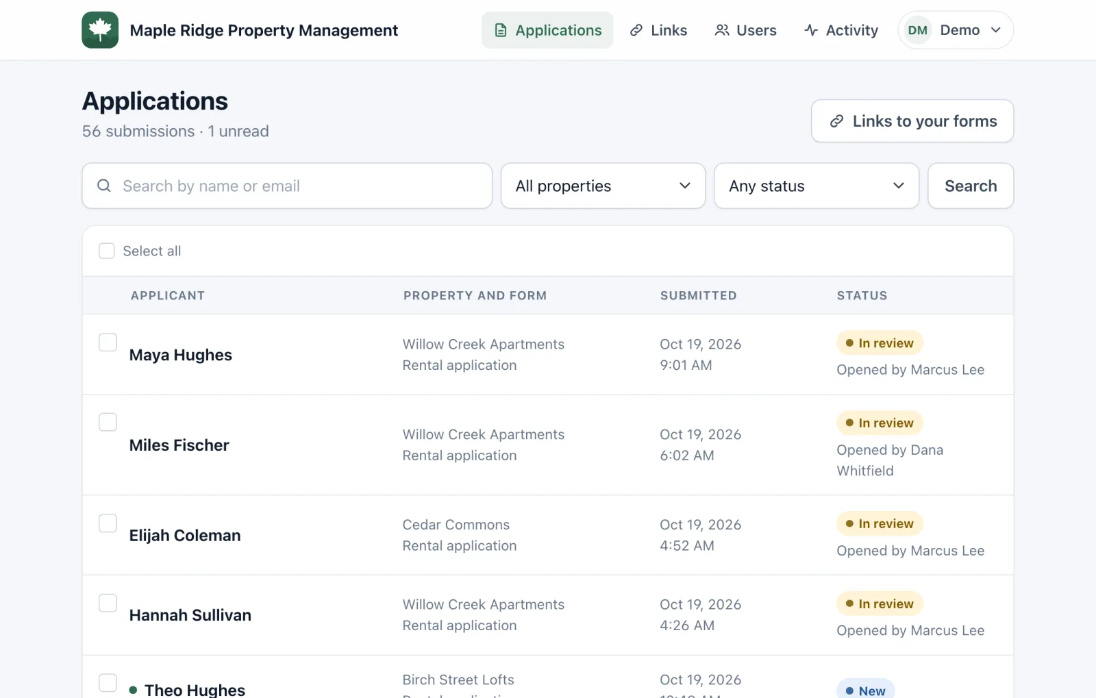 The staff list of applications, with status, property and date for each